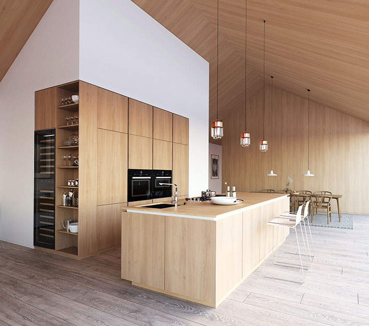 Moderne keukenrenovatie met strakke witte kasten en een zwart werkblad.